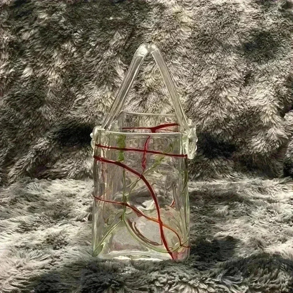 Romantic Red and Green on Clear Swirl  Art Glass Vase Handbag Purse - Picture 3 of 13